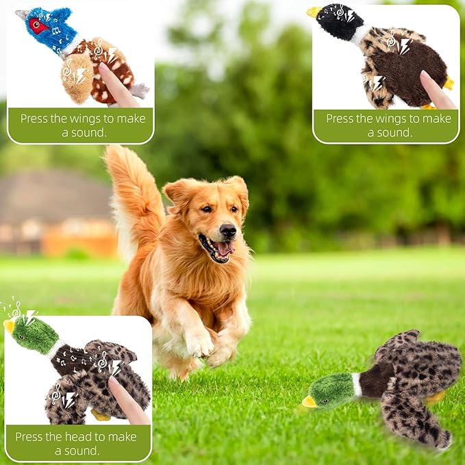 Duck Dog Squeaky Toy for Aggressive Chewers - No Stuffing Durable Plush with 4 Squeakers & Crinkle Wings, Chew Proof Puppy Toys for Small Medium Large Dogs (Green & Brown)