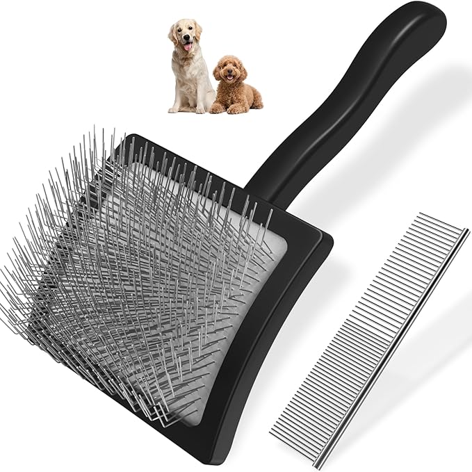 2PCS Slicker Brush for Dogs & Pet Comb,Professional Dog Grooming Brush (Goldendoodles,Poodles,Labradoodles) with Extra Long Pins to Effectively Remove Tangles, Knots and Mats (Black Large)