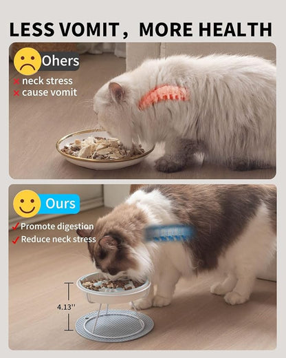 Ceramic Elevated Slow Feeder Cat Bowl, Anti Vomit, Removable Dish, White | Removable Ceramic Bowl Elevated Anti Vomit Whisker-Friendly Wet & Dry Food White Glazed Finish