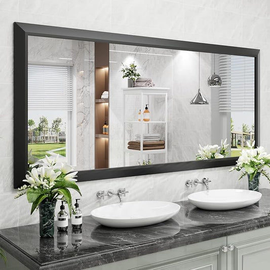 Amorho Bathroom Mirror Black, 72X32 Inch Thick Metal Framed Wall Mirrors