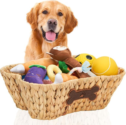 Wicker Basket for Pet Toys, 2 Pack Stylish and Natural Dog and Cat Toy Basket, Dog Storage Organizer with Bone Shape