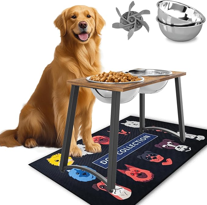 Elevated Dog Bowls for Large Dogs with Slow Feeder & Mat, 101oz Bowls, Tall Raised Dog Bowl Stand