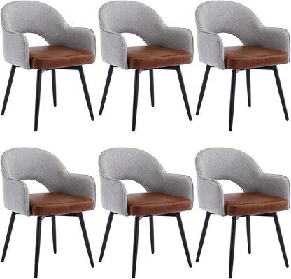 DUOMAY Modern Swivel Dining Chairs Set of 6, Linen & Faux Leather Upholstered Accent Side Chair, Home Office Desk Chair with No Wheels for Dining Room Living Room Office, Light Grey