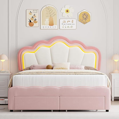 HOSTACK Queen Upholstered LED Bed Frame with Storage Drawers, Cute Girls Bed with Adjustable Lotus Headboard, Velvet Princess Platform Bed Frame, Wooden Slats Support, No Box Spring Needed, Pink/Beige