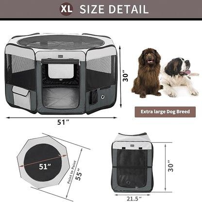 Dog Playpen Portable Pet Play Pens for Small Dog/Cat/Rabbit/Chicks, Cat Playpen Indoor/Outdoor with Carring Case, Removable Zipper Top and Bottom (Gray, Extra Large (55"x55"x30"), 8)