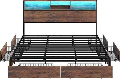 King Size Bed Frame with LED Headboard & Charging Ports, Rustic Wood Platform King Bed Frame with 6 Storage Drawers and Display Shelf, Heavy-Duty Metal Frame, No Box Spring Needed, Brown
