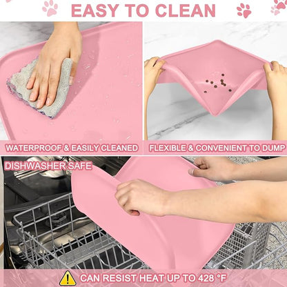 SMILOOL Waterproof Silicone Pet Food Mat with Raised Edge for Dog & Cat | 22" x 14" Non-Slip Pet Feeding Mats with Lip for Food & Water Bowl, Food Grade, Easy Cleaning, Sakura Pink