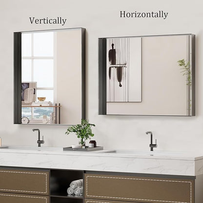Koonmi 20x30 Inch Black Metal Framed Bathroom Mirror