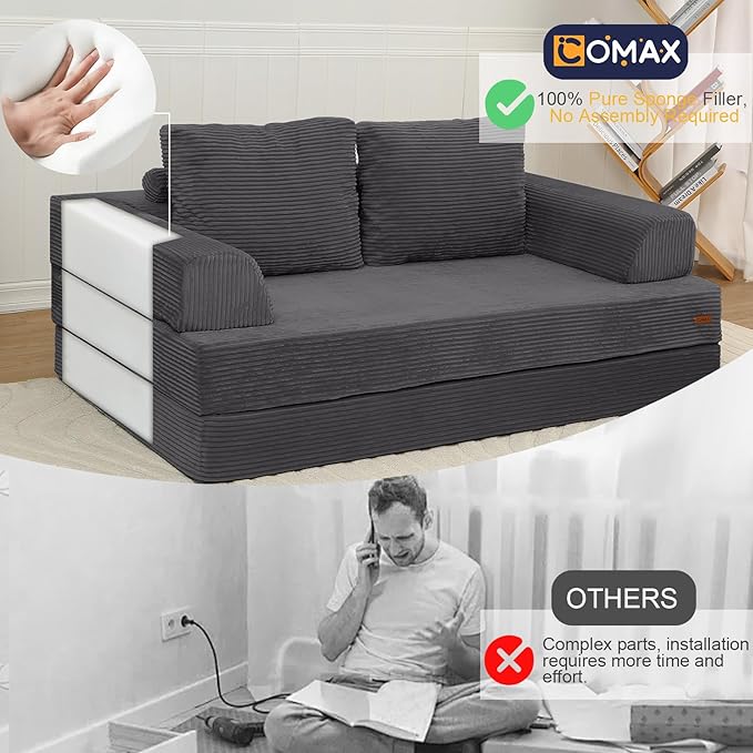 COMAX Convertible Sofa Bed, Folding Floor Couch Corduroy Fold Out Couch Bed Futon Sleeper Mattress with Pillows, Boneless Sofa Comfy Lounge Loveseat for Living Room Bedroom, Grey