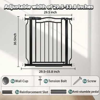 29.53"-33.85" Mornyray Auto-Close Baby Gate Extra Wide, Pressure Mounted Dog & Pet Gate for Stairs Doorways, No Drill Safety Barrier with Lace Design, Metal Child Proof Gate Indoor Outdoor, Black