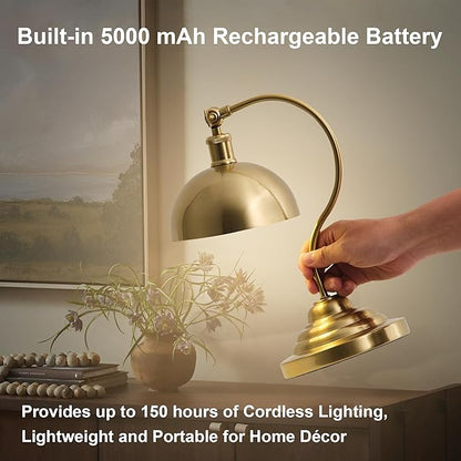 Cordless LED Table Lamp, 180° Swing Arm Desk Lamp, Rechargeable, Dimmable/3 Color/Memory Function, Vintage Rechargeable Table Light for Living Room,Bedroom,Bedside, Brass