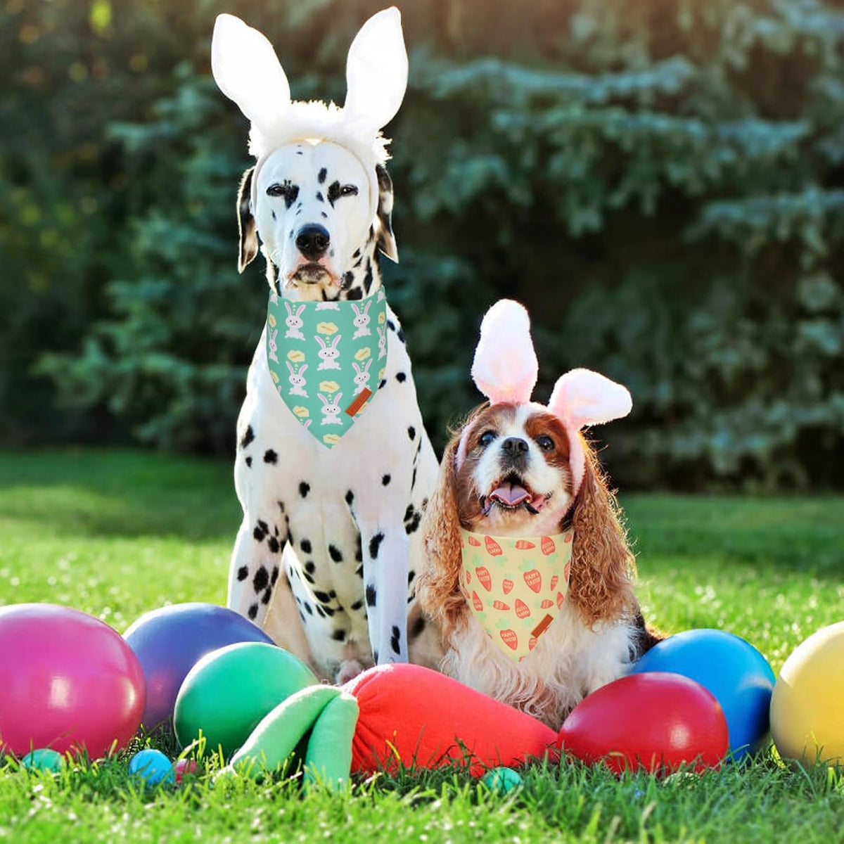 PTDECOR Easter Dog Bandana, Green and Yellow Rabbit Carrot Reversible Holiday Dog Scarf, Multi Size, Triangle Pet Easter Bandanas for Medium Large Dogs Pets (Large)