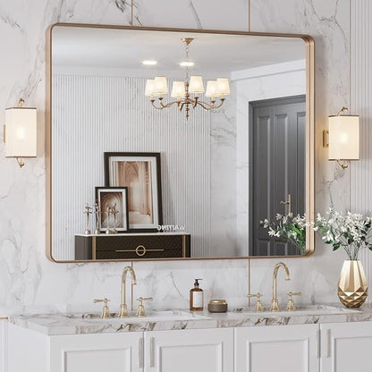 LOAAO 40"X32" Gold Bathroom Mirror, Rounded Rectangle Gold Frame Mirror