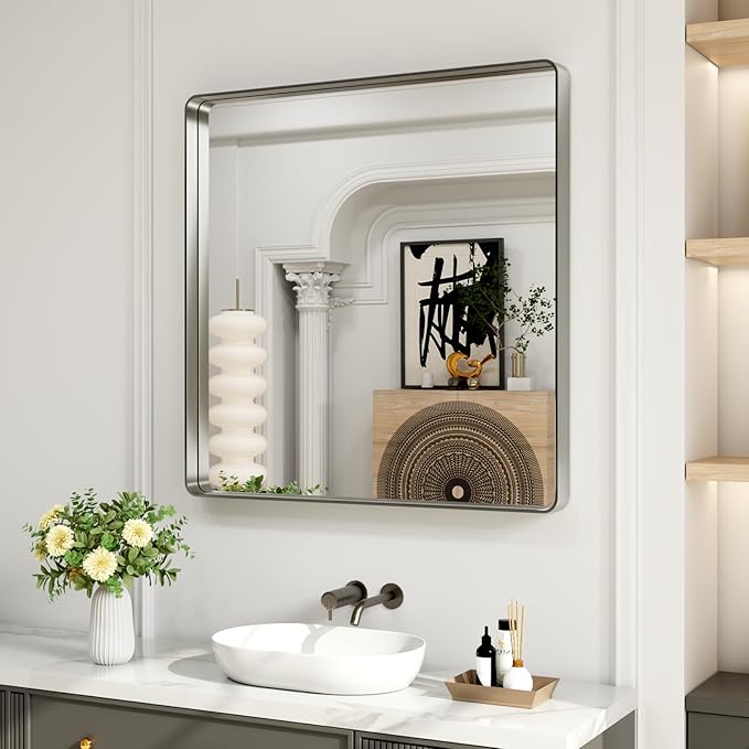 LOAAO 36X36 Inch Brushed Nickel Bathroom Mirror, Rounded Rectangle Silver Metal