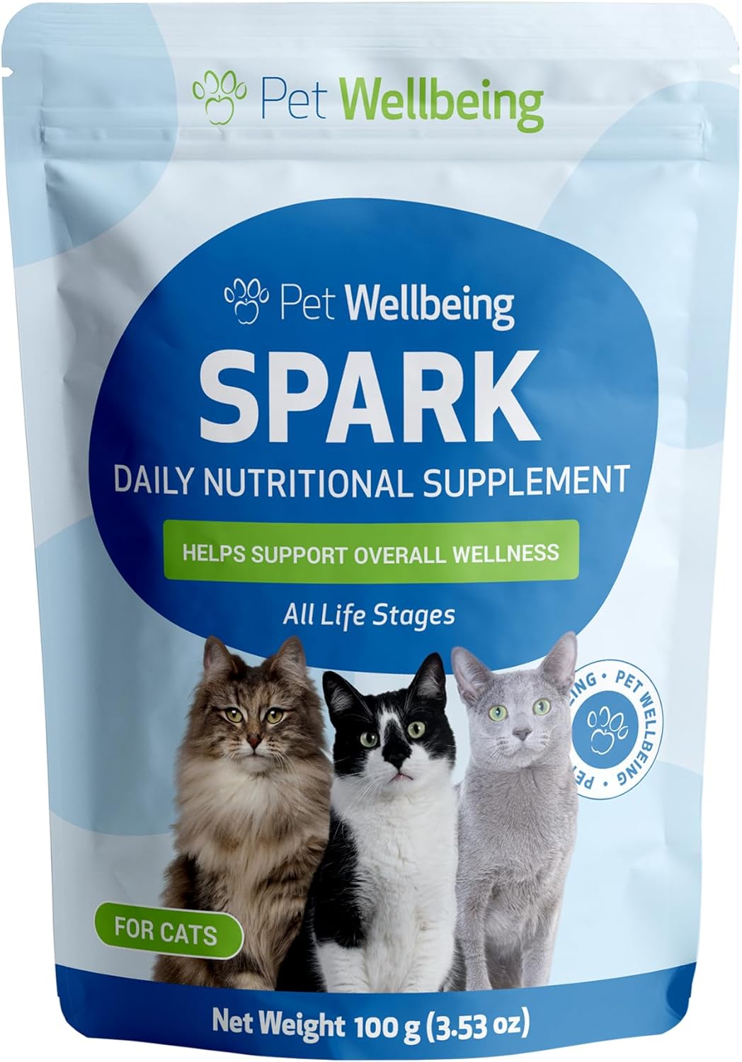 Pet Wellbeing Spark Daily Nutritional Greens Superfood for Cats - Probiotics, Prebiotics, Digestive Enzymes, Amino Acids, Antioxidants, Vitamin D, Spirulina - Veterinarian-Formulated 3.53 oz (100 g)