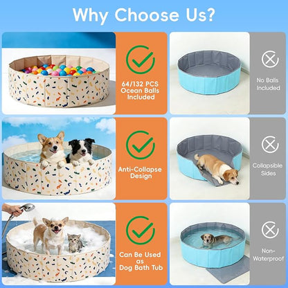 Foldable Dog Pool & Dog Ball Pit with Balls Included, Portable Multifunctional Ball Pit for Dogs & Cats, Anti-Collapse Non-Slip Pet Play Pool(Beige L+132 Balls)