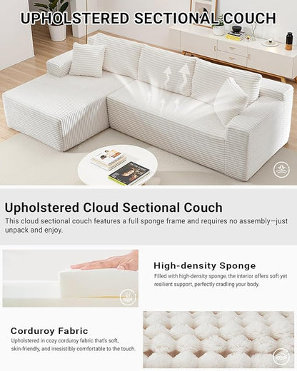 105 Inch Modular Sectional Sofa,Modern Cloud Sectional Couch with Deep Seat,Corduroy Boneless Couches with L-Shape Chaise for Living Room Bedroom,No Assembly Required (White, Left Facing Chaise)