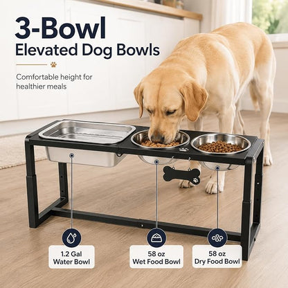 Metal Elevated Dog Bowls for Medium/Large Breed, 3 Adjustable Height(8.8''/11.5''/14'') Raised Dog Bowl Stand with Two 58oz & One 1.2gallons Large Stainless Steel Dog Food Water Bowls
