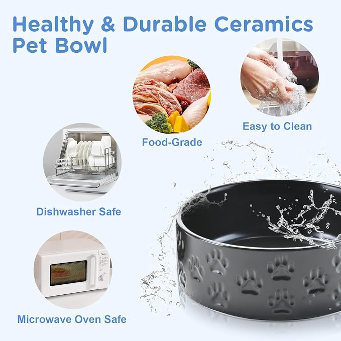 SPUNKYJUNKY Ceramic Dog and Cat Bowls 2 Pack, 6.1'' Dog and Cat Food Water Double Feeding Bowls Non-Slip for Large Sized Breed Microwave Dishwasher Safe - 28.7 OZ, 2pcs, Paw Black