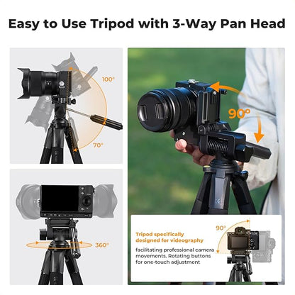 K&F CONCEPT Camera Tripod, 75" Lightweight Portable Travel Outdoor DSLR Tripods for Camera Phone Video Recording Tripod Stand, Cellphone Clip for Smartphone Live Streaming Vlog, Dark Grey