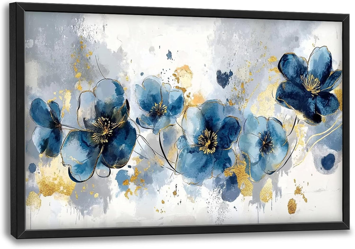 Extra Large Framed Abstract Blue Flower Wall Art,Oversized Golden Grey Floral Wall Decor Pictures for Living Room,Canvas Print Painting Modern Artwork Bedroom Office Bathroom Home Decor 36L" x 24W"