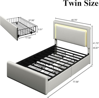 Twin Size Bed Frame with 4 Storage Drawers and LED Lights, Upholstered Platform Bed with Adjustable Headboard and Charging Station, Metal Slats Support, No Box Spring Needed,Easy Assembly, White