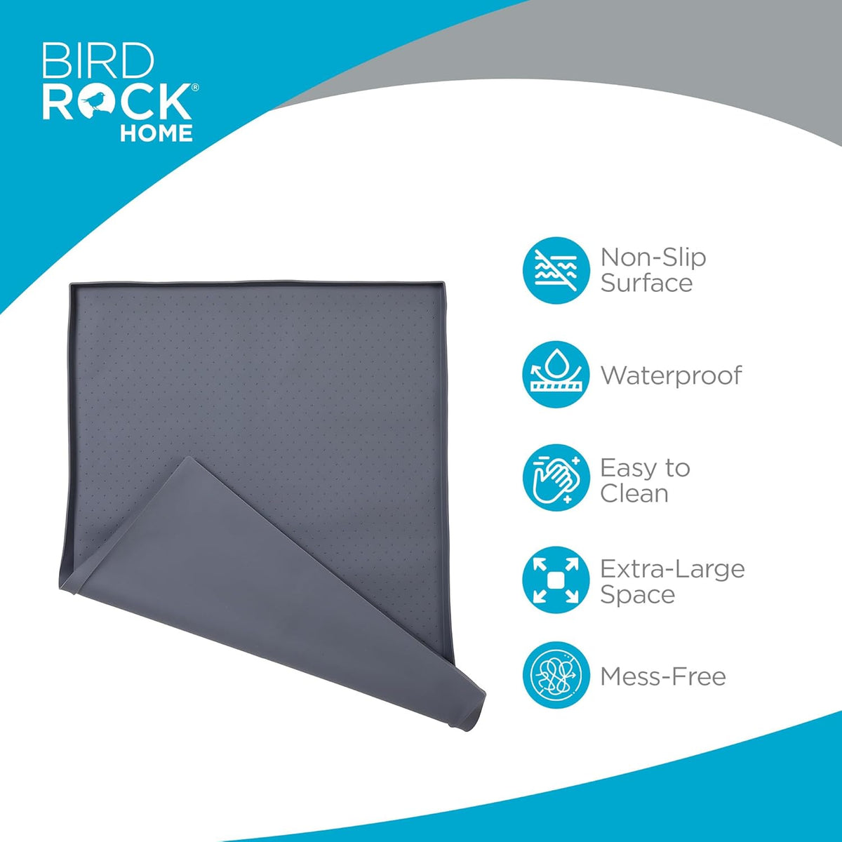 BIRDROCK HOME Extra-Large Dog Mat for Food and Water Bowls - Waterproof Pet Feeding Mat to Prevent Spills - Anti-Slip Rubber Tray for Messy Eaters - Placemat Protector for Floors - 32in x 24in - Grey