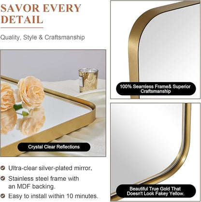 ANDY STAR Gold Bathroom Mirror, 24x36 Brushed Brass Rectangle Metal Frame Mirror
