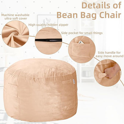 HABUTWAY Bean Bag Chair 3Ft Luxurious Velvet Ultra Soft Fur with High Rebound Memory Foam Bean Bag Chairs for Adults Plush Lazy Sofa with Fluffy Sponge 3' (Khaki)