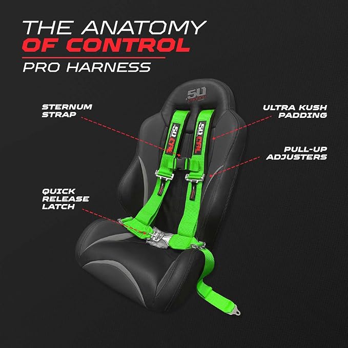 1pc 50 Cal Green 4 Point Harness 2 inch straps, Racing Harness Seat Belt | Ultra Kush padding, Push Button quick release hardware. Universal Fit for UTV, RZR, race car
