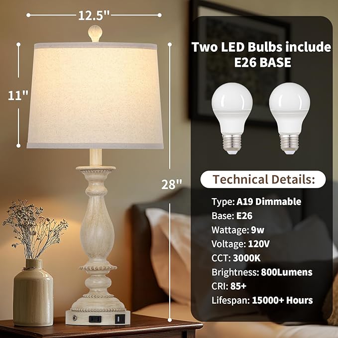28" Tall Farmhouse Table Lamps for Living Room Set of 2,Vintage Rustic Beige Bedside Touch Lamp with USB C+A Ports & AC Outlet, 3-Way Dimmable Resin Nightstand Lamp for Bedroom Entryway Office