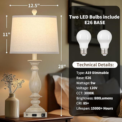 28" Tall Farmhouse Table Lamps for Living Room Set of 2,Vintage Rustic Beige Bedside Touch Lamp with USB C+A Ports & AC Outlet, 3-Way Dimmable Resin Nightstand Lamp for Bedroom Entryway Office