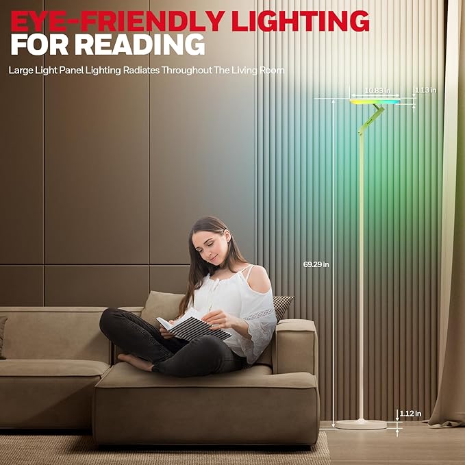 Honeywell 3000LM LED Floor Lamp, Torchiere Floor Lamps with Remote Control, F2 Sunturalux™ 40W Eye-Caring Reading Light, 2700-5000K 6 RGB Modes RGB Standing Lamp for Bedroom Living Room Office White