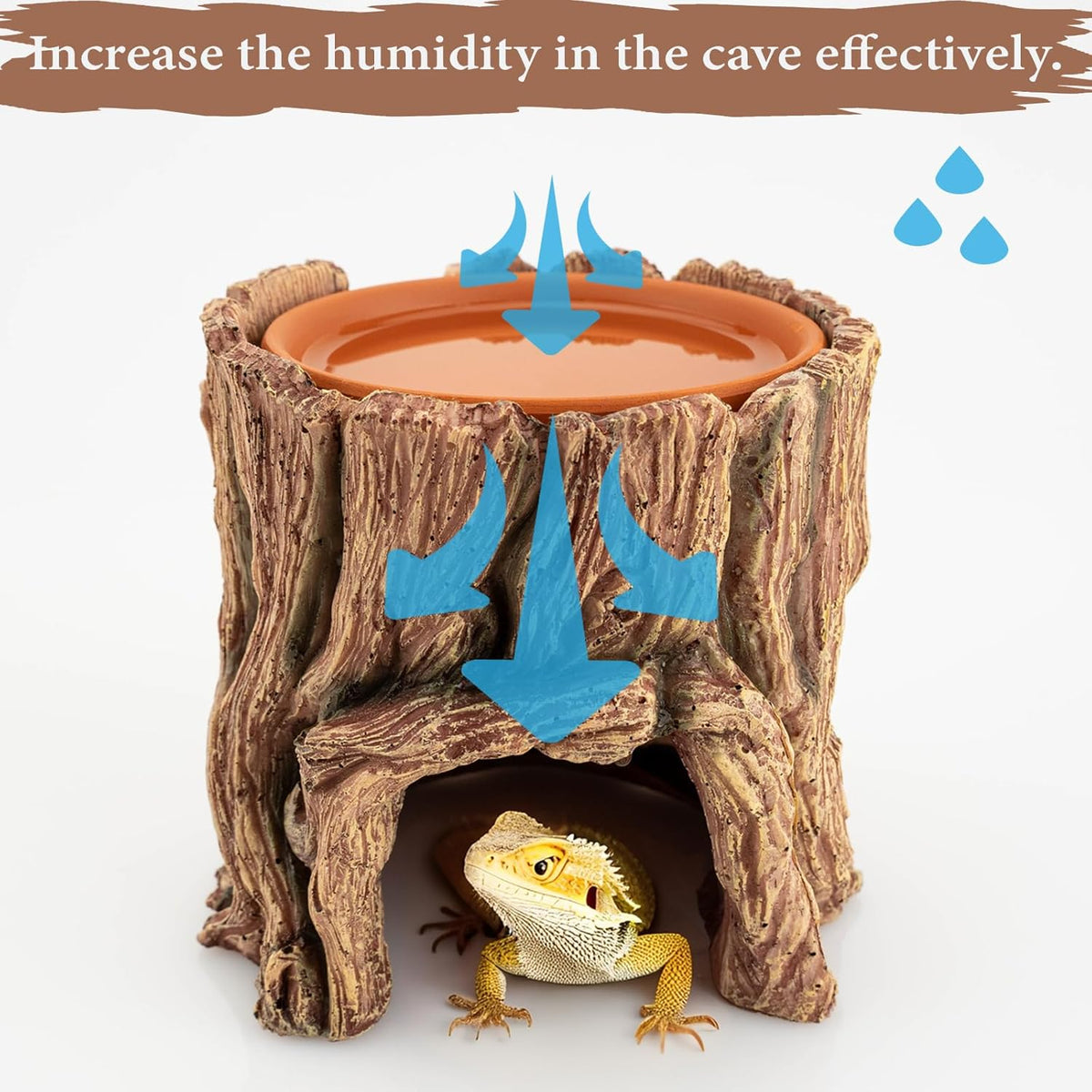 Reptile Hide Cave Resin – Moisture Keeping Reptile Shelter with Clay Water Basin for Leopard Gecko, Snake, Lizard, Amphibians – Humidifying Help Shedding & Natural Habitat Design,2in1