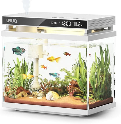 Fish Tank Smart Aquarium Kit: 2 Gal UHD Glass Silent Water Pump Self Cleaning System Temperature Monitoring Essential Oil Diffuser with Humidifier 7 Color Lights Multi-Layer Filtration System - White