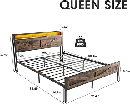 Vabches Queen Size Bed Frame with Headboard and Charging Station, Brown Platform Bed Frame with Led Light, No Box Spring Needed, Noise Free Farmhouse Bedroom Set