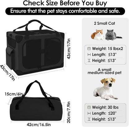 Extra Large 2-Cat Foldable Pet Travel Carrier,24"x17"x17",Black | Removable Divider, Metal Frame Support, Breathable Mesh Panels, With Storage Tote & Padded Straps