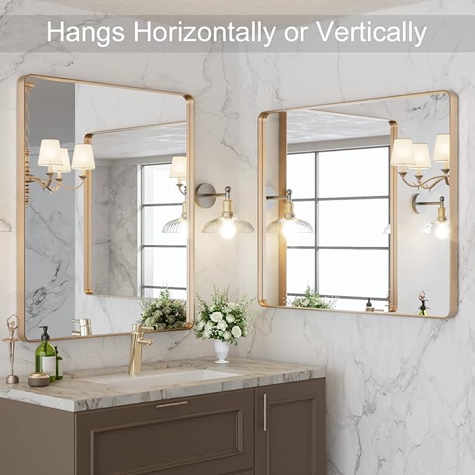 LOAAO 30”X36” Gold Bathroom Mirror, Rounded Rectangle Gold Frame Mirror