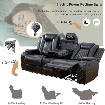 A Ainehome Luxury Furniture Sets Power Recliner Sofa Set Recliner Leather Sofas Loveseat Chair for Living Room Furniture/Small Space/Rv/House/Office/Theater Seating (F-Black,Sofa(3seater))