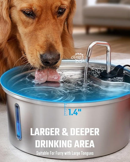 Dog Water Fountain Stainless Steel, 7L/1.8Gal Pet Fountain Water Bowl with Multi-Filtration & Deeper Drinking Aera, Large Cat Water Fountain with Water Window & LED (10 Filters 1 Fountain)