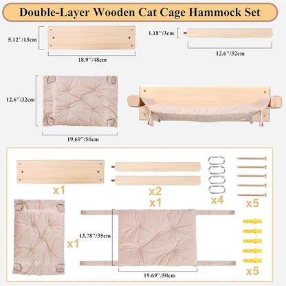 JSPYFITS Wooden Cat Furniture Wall Mounted, Double Layer Hammock, Large Size 18.9″ Removable Multi-Function Cat Bed for Sleep/Play/Climb, Kitten Window Perch, Easy DIY Installation(Beige)