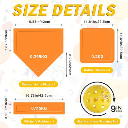 NVAAV Baseball & Softball 5 Piece Base Set, Rubber Field Bases for Kids & Adults, with 5 Piece Training Balls and Storage Bag, Throw Down Base for Backyard Teeball, School Kickball Practice