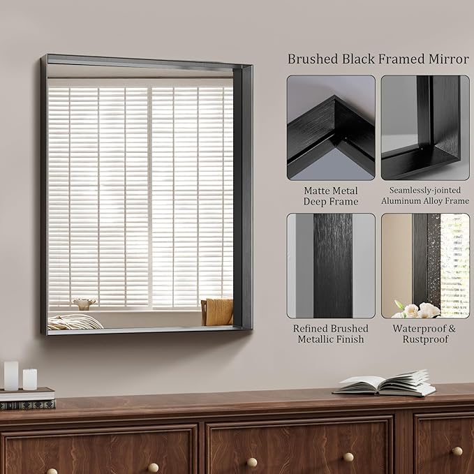 Koonmi 24x36 Inch Black Metal Framed Bathroom Mirror