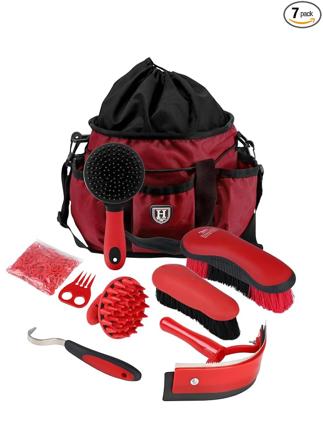 Harrison Howard Horse Grooming Brushes Kit 7 pieces with Organizer Tote Equine Care Series Horse Brush Sets Red