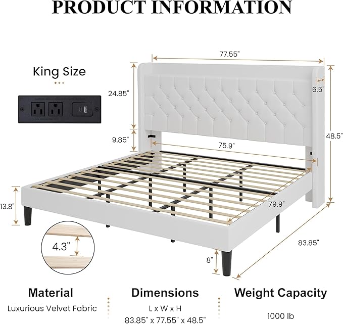 SHA CERLIN King Size Platform Bed Frame with Charging Station, Velvet Wingback Headboard with Storage Shelf, Wooden Slats Support, Ample Under-Bed Space, No Box Spring Needed, Easy Assembly, White