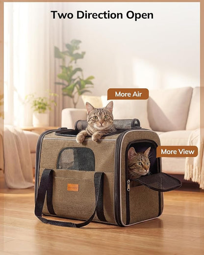 Morpilot Cat Carrier - Cat Carrier Soft for Medium or Large Cats up to 20lbs, with Dual-Sided Cushion, Secure Buckle and Foldable Bowl, Dog Carriers for Small Dogs - Pet Carrier (Brown)
