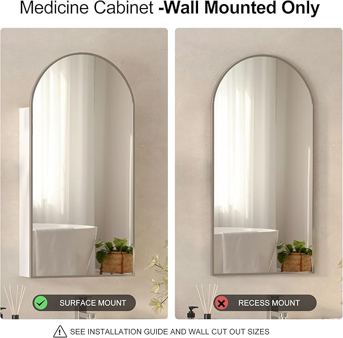 Arched Medicine Cabinets with Mirror, Wall Mounted Brushed Nickel Mirror Cabinet