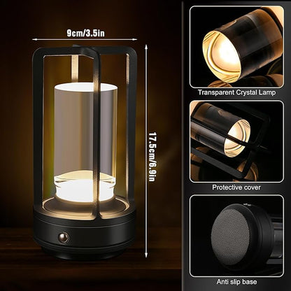 Portable Metal Table Lamp,Cordless Table Lamp, Rechargeable Battery Operated Lights, LED Table Lamps, 3 Color Stepless Dimming Touch, for Bedroom Restaurant Home Outdoor (Black)