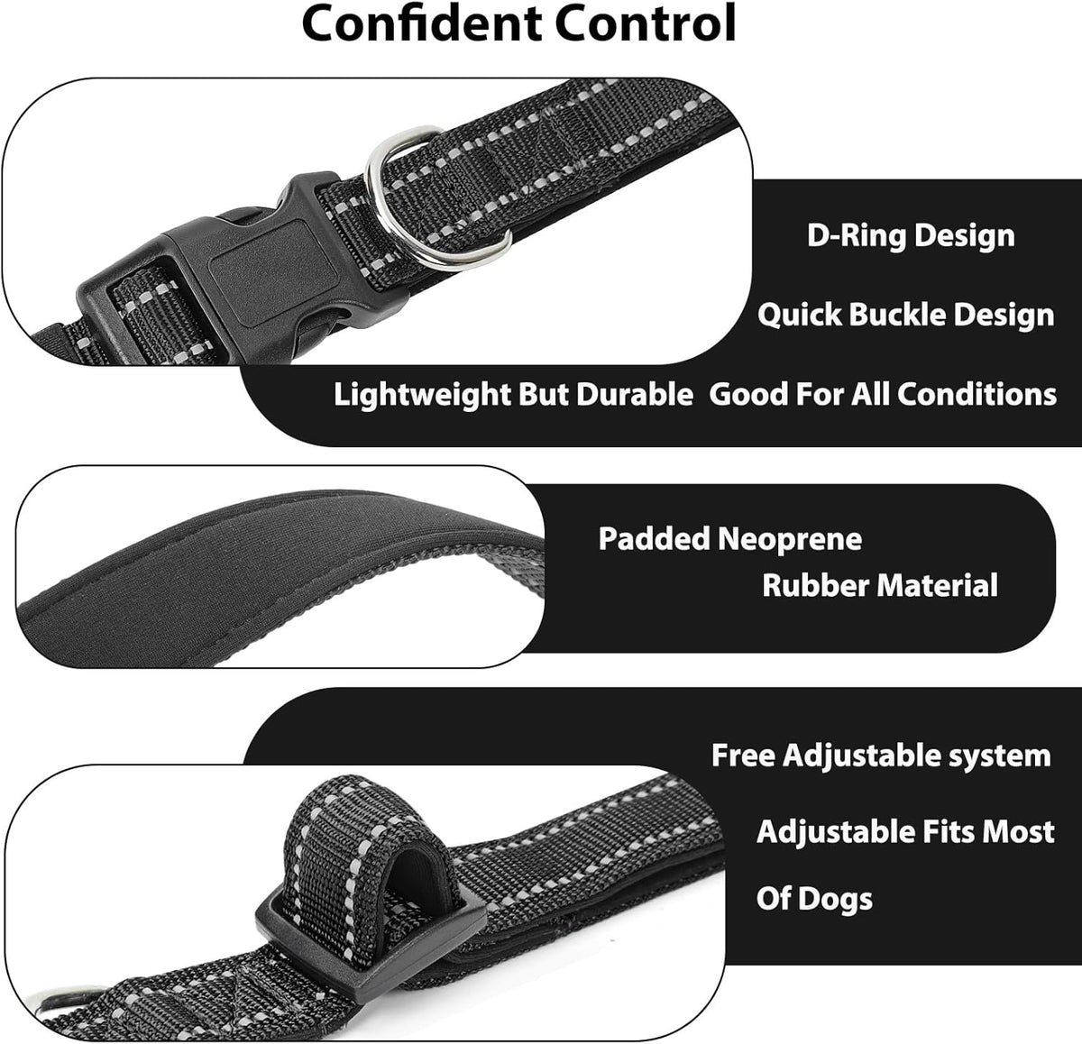 Reflective Dog Collar Padded with Soft Neoprene Breathable Quick Release Basic Dog Collars for Medium Large Dogs Black Boy Girl