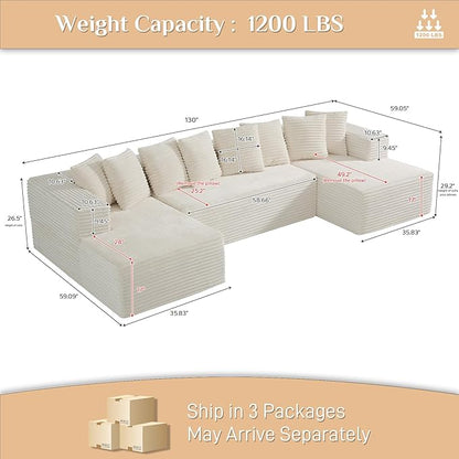 Modular Sectional Sofa, 130" U Shaped Cloud Couch Plush Corduroy Comfy Deep Seat Boneless Sofas with 8 Pillows Double Chaise Lounge Sectional Couches with Memory Foam for Living Room - Beige White